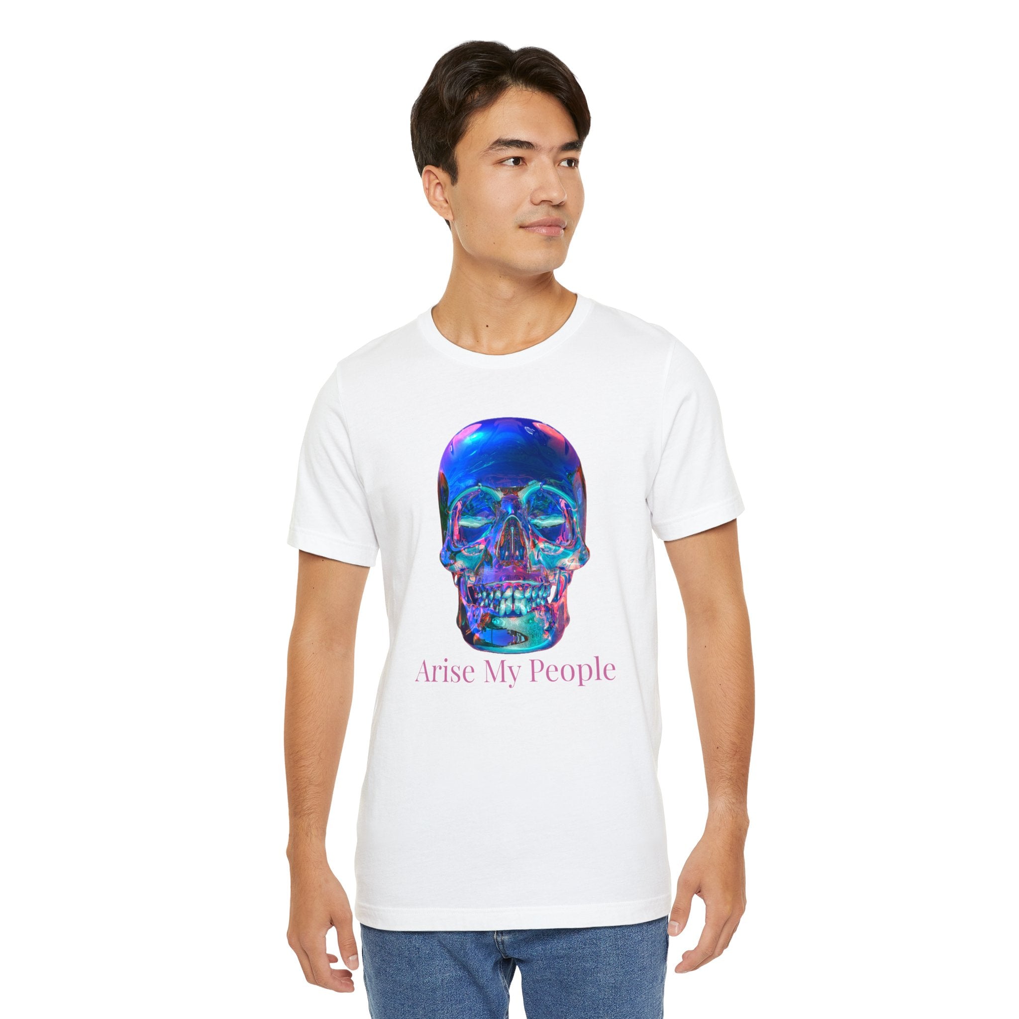 EZEKIEL 37 &quot;Arise My People&quot; Crystal Head Skull Face Design Image- Unisex Jersey Sleeve Tee (Front Side Crystal Head Skull Face Design Image W/ &quot;Arise My People&quot; Light Pink Letter Print- Back Side Kngdom Logo)