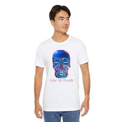 EZEKIEL 37 &quot;Arise My People&quot; Crystal Head Skull Face Design Image- Unisex Jersey Sleeve Tee (Front Side Crystal Head Skull Face Design Image W/ &quot;Arise My People&quot; Light Pink Letter Print- Back Side Kngdom Logo)