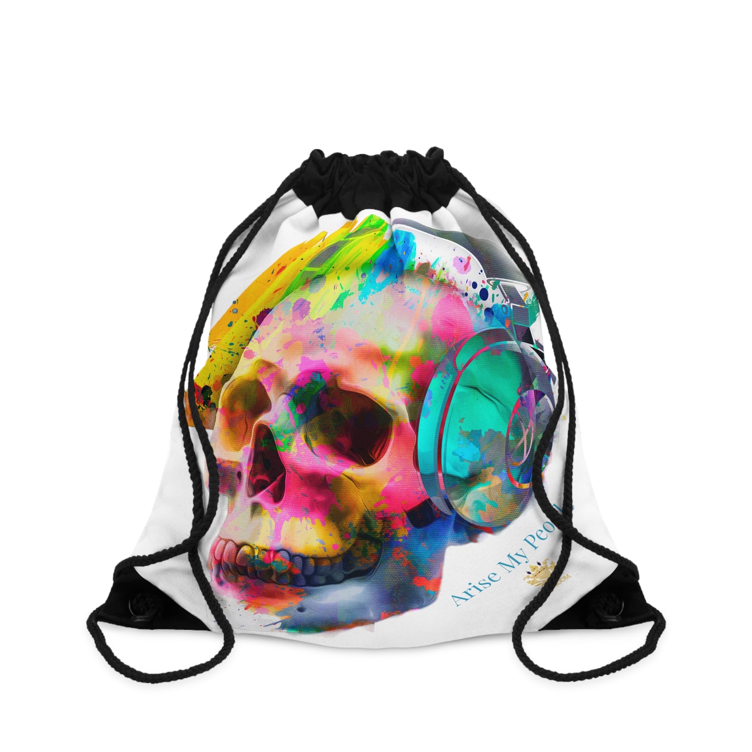 EZEKIEL 37 &quot;Arise My People&quot; Skull W/Headphones Design Image- Drawstring Bag (Kngdom Logo W/ &quot;Arise My People&quot; Turquoise Letter Print)