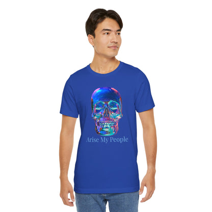 EZEKIEL 37 &quot;Arise My People&quot; Crystal Head Skull Face Design Image- Unisex Jersey Sleeve Tee (Front Side Crystal Head Skull Face Design Image W/ &quot;Arise My People&quot; Light Blue Letter Print- Back Side Kngdom Logo)