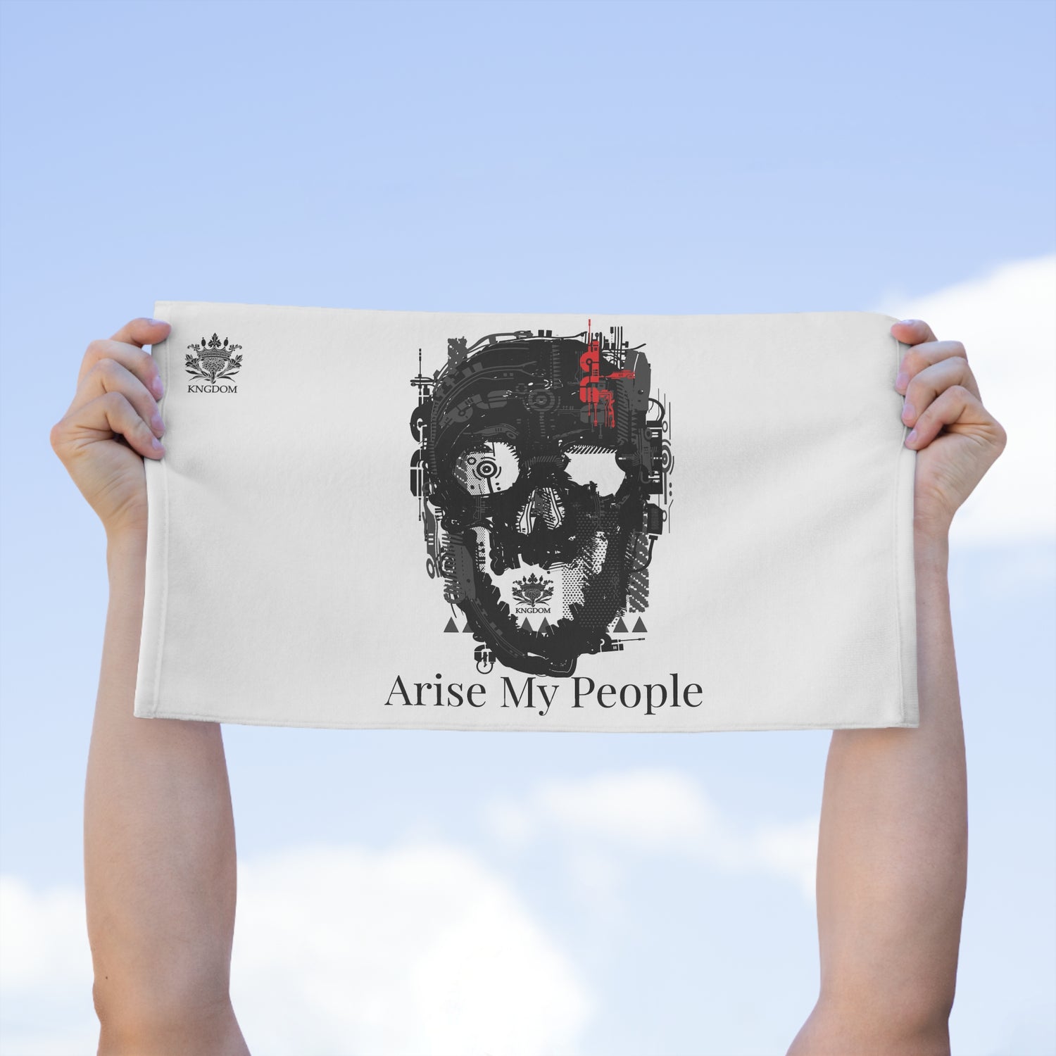 EZEKIEL 37 &quot;Arise My People&quot; Skull Cyborg Design Image- Rally Towel (&quot;Arise My People&quot; Black Letter Print W/Back Side Black Kngdom Logo)