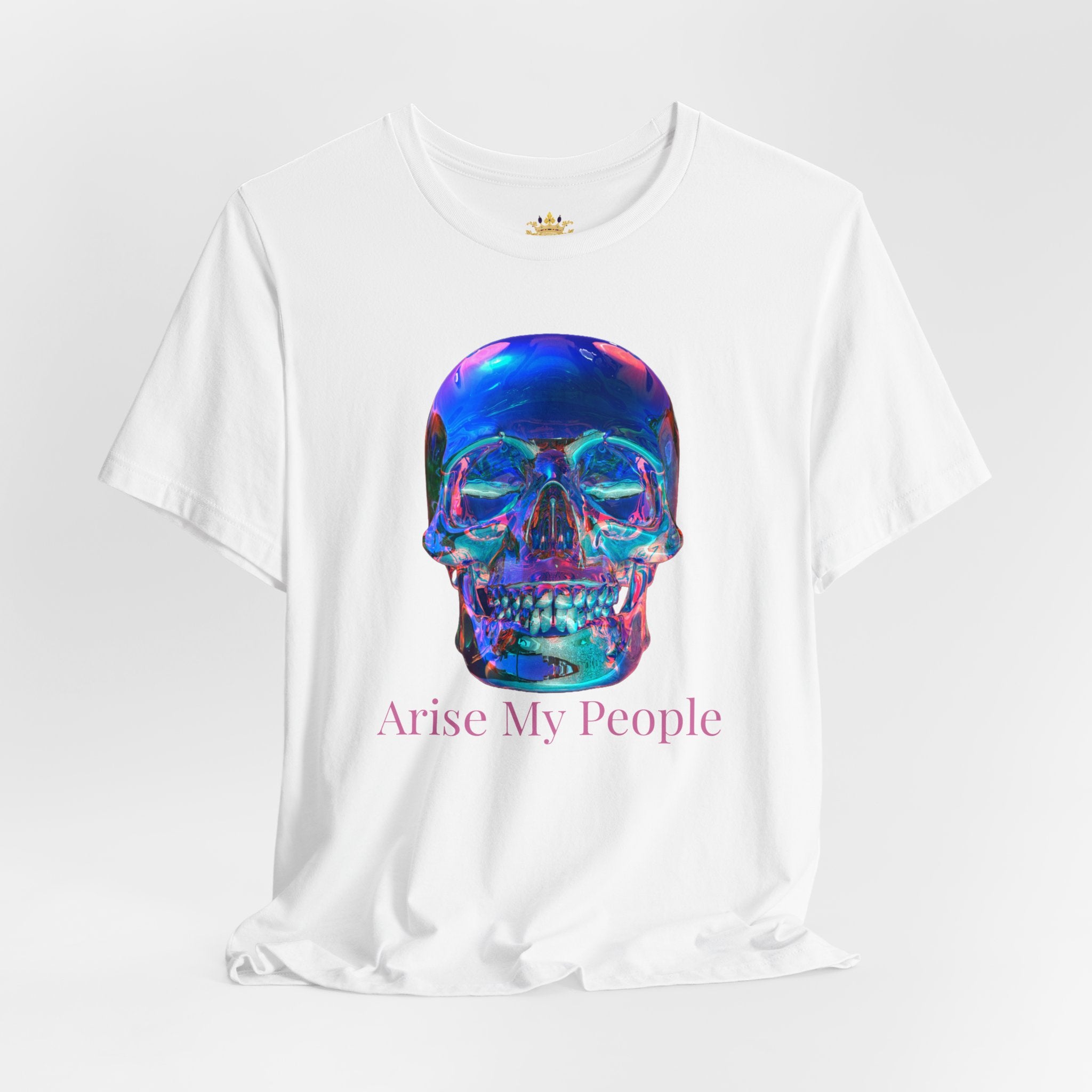 EZEKIEL 37 &quot;Arise My People&quot; Crystal Head Skull Face Design Image- Unisex Jersey Sleeve Tee (Front Side Crystal Head Skull Face Design Image W/ &quot;Arise My People&quot; Light Pink Letter Print- Back Side Kngdom Logo)