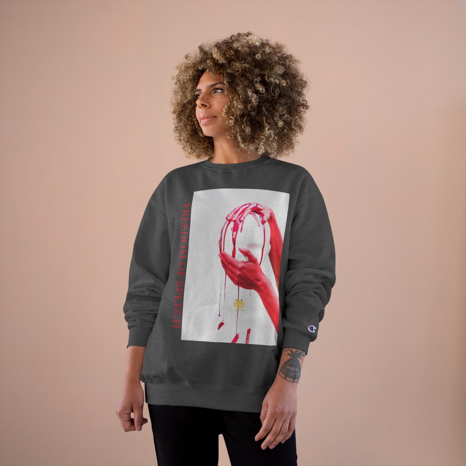 WE ARE AMERICA &quot; Freedom Of Speech&quot; (THE BLOOD OF THE MARTYRS) - &quot;Hand on Head &amp; Mouth&quot; Unisex Champion Sweatshirt (&quot;Freedom Of Speech&quot;) Letter Print W/ Kngdom Logo