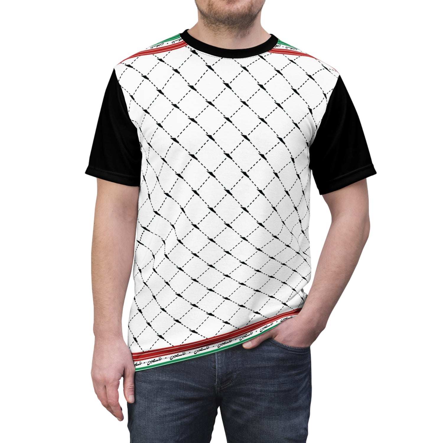 Keffiyeh World &quot;PALESTINE IS GUCCI&quot;- Unisex Cut &amp; Sew Tee W/ Blk Kngdom Logo