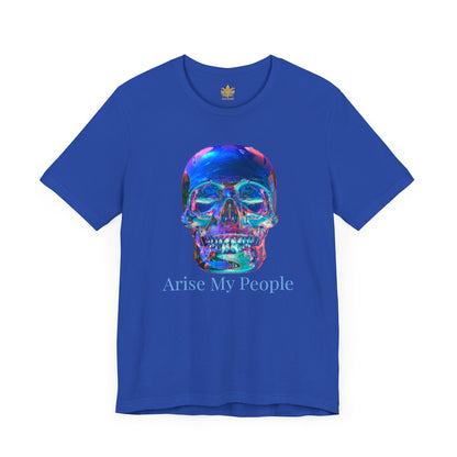 EZEKIEL 37 &quot;Arise My People&quot; Crystal Head Skull Face Design Image- Unisex Jersey Sleeve Tee (Front Side Crystal Head Skull Face Design Image W/ &quot;Arise My People&quot; Light Blue Letter Print- Back Side Kngdom Logo)