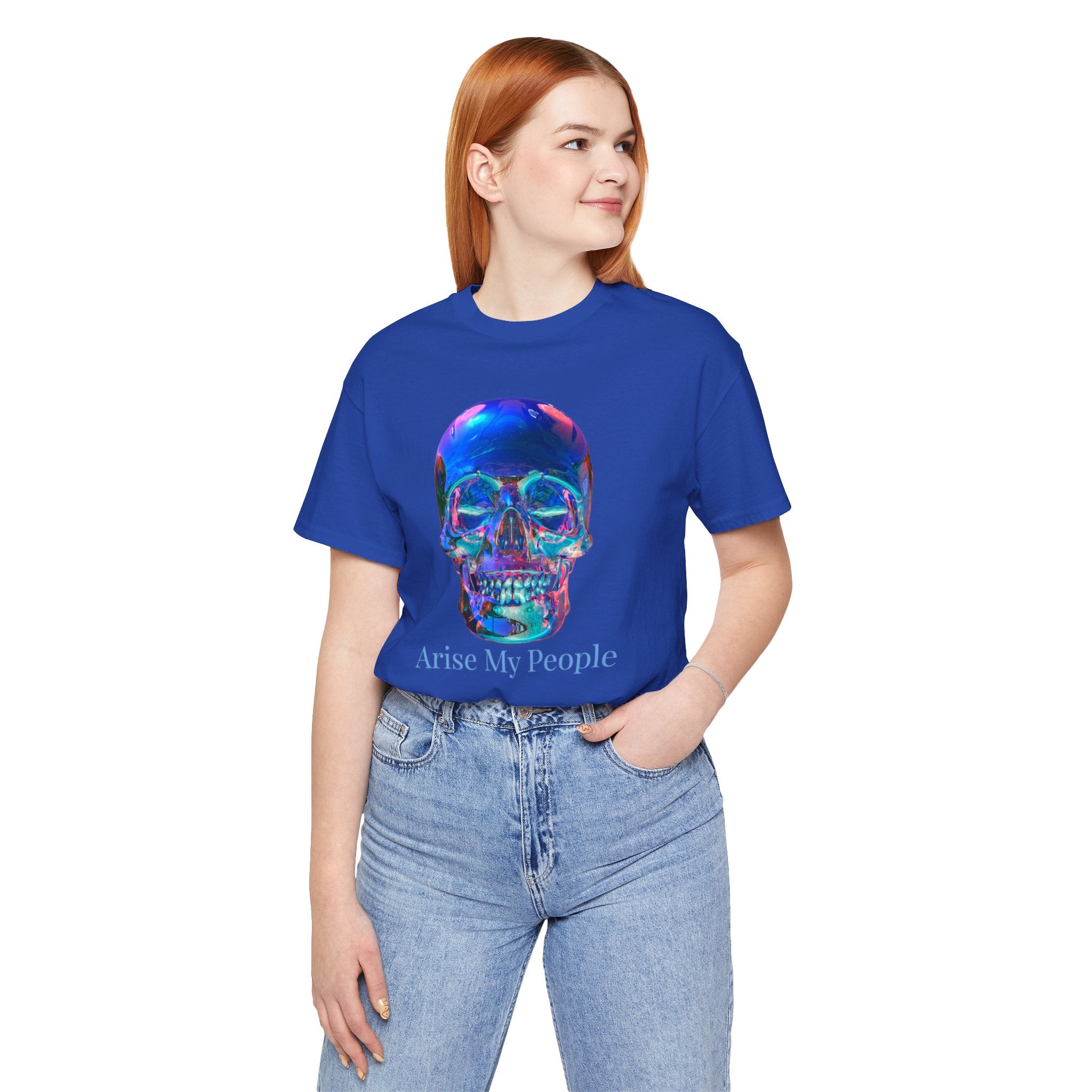 EZEKIEL 37 &quot;Arise My People&quot; Crystal Head Skull Face Design Image- Unisex Jersey Sleeve Tee (Front Side Crystal Head Skull Face Design Image W/ &quot;Arise My People&quot; Light Blue Letter Print- Back Side Kngdom Logo)