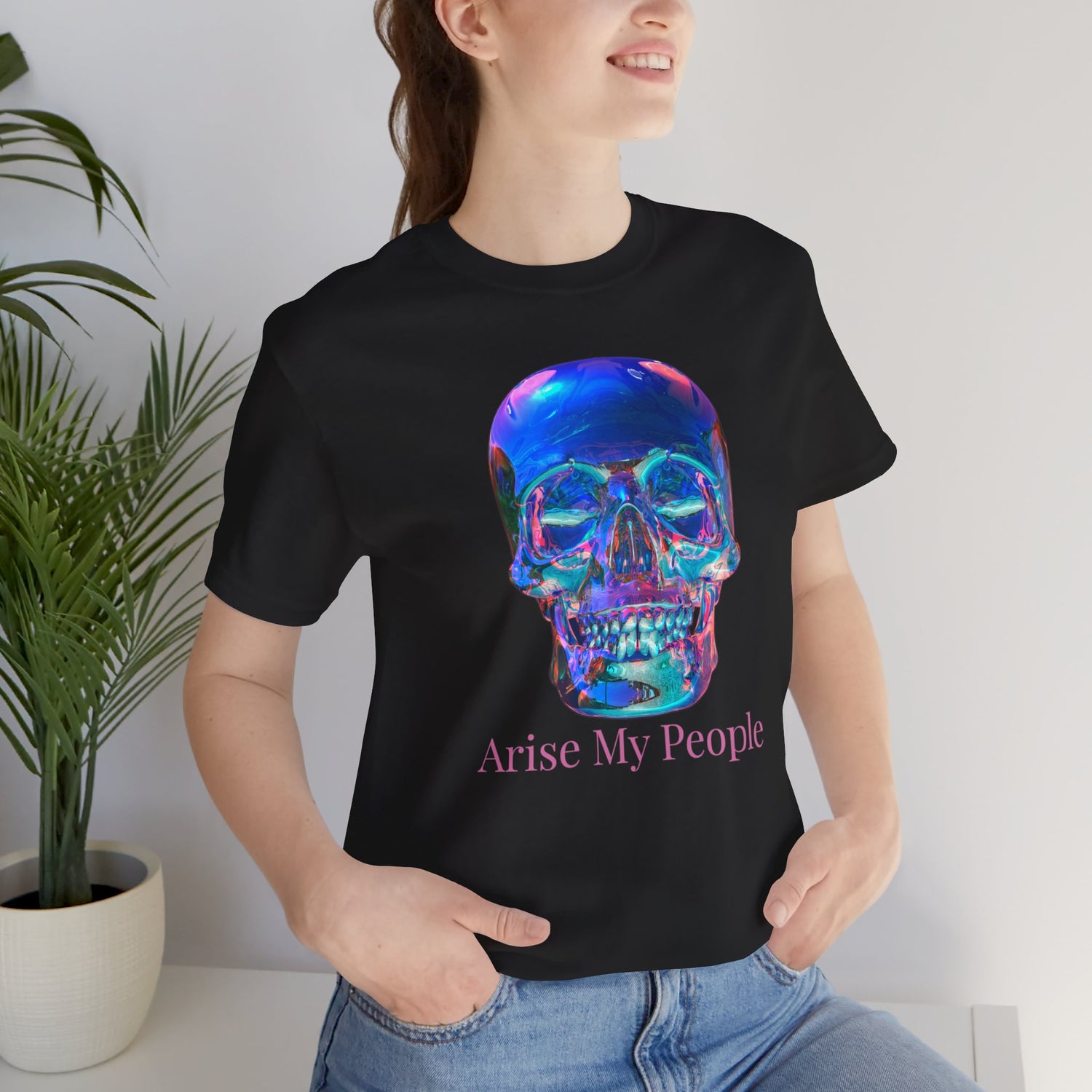 EZEKIEL 37 &quot;Arise My People&quot; Crystal Head Skull Face Design Image- Unisex Jersey Sleeve Tee (Front Side Crystal Head Skull Face Design Image W/ &quot;Arise My People&quot; Light Pink Letter Print- Back Side Kngdom Logo)