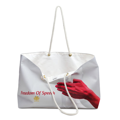 WE ARE AMERICA &quot;Freedom Of Speech&quot;- (THE BLOOD OF THE MARTYRS- Red Hand Covering Mouth) Weekender Bag W/ Kngdom Logo