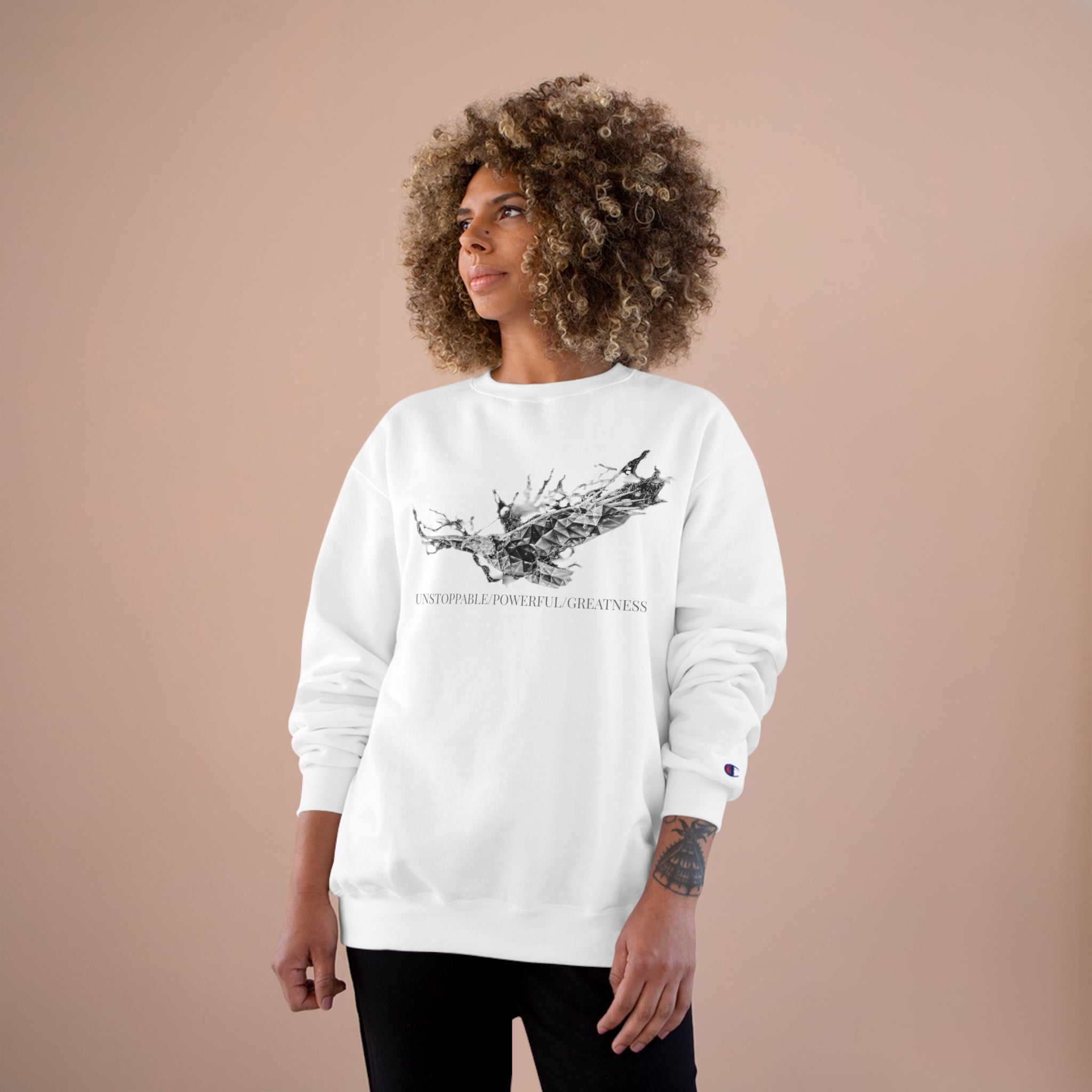 The Isaiah 40:31 &quot;Unstoppable/Powerful/Greatness&quot; Unisex Champion Sweatshirt - W/BLK Kngdom Logo &quot;Unstoppable/Powerful/Greatness&quot; Grey Letter Word Print