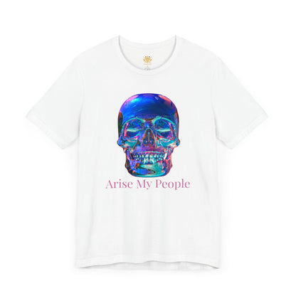 EZEKIEL 37 &quot;Arise My People&quot; Crystal Head Skull Face Design Image- Unisex Jersey Sleeve Tee (Front Side Crystal Head Skull Face Design Image W/ &quot;Arise My People&quot; Light Pink Letter Print- Back Side Kngdom Logo)