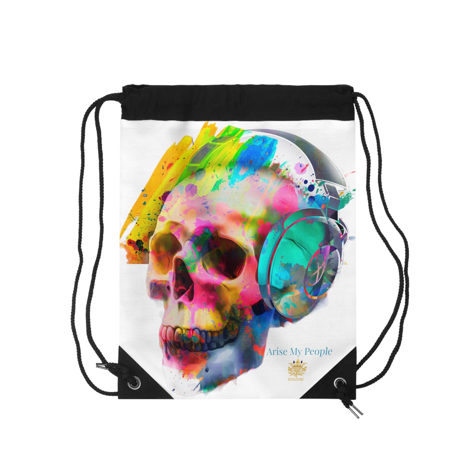 EZEKIEL 37 &quot;Arise My People&quot; Skull W/Headphones Design Image- Drawstring Bag (Kngdom Logo W/ &quot;Arise My People&quot; Turquoise Letter Print)