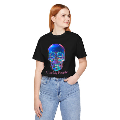 EZEKIEL 37 &quot;Arise My People&quot; Crystal Head Skull Face Design Image- Unisex Jersey Sleeve Tee (Front Side Crystal Head Skull Face Design Image W/ &quot;Arise My People&quot; Light Pink Letter Print- Back Side Kngdom Logo)