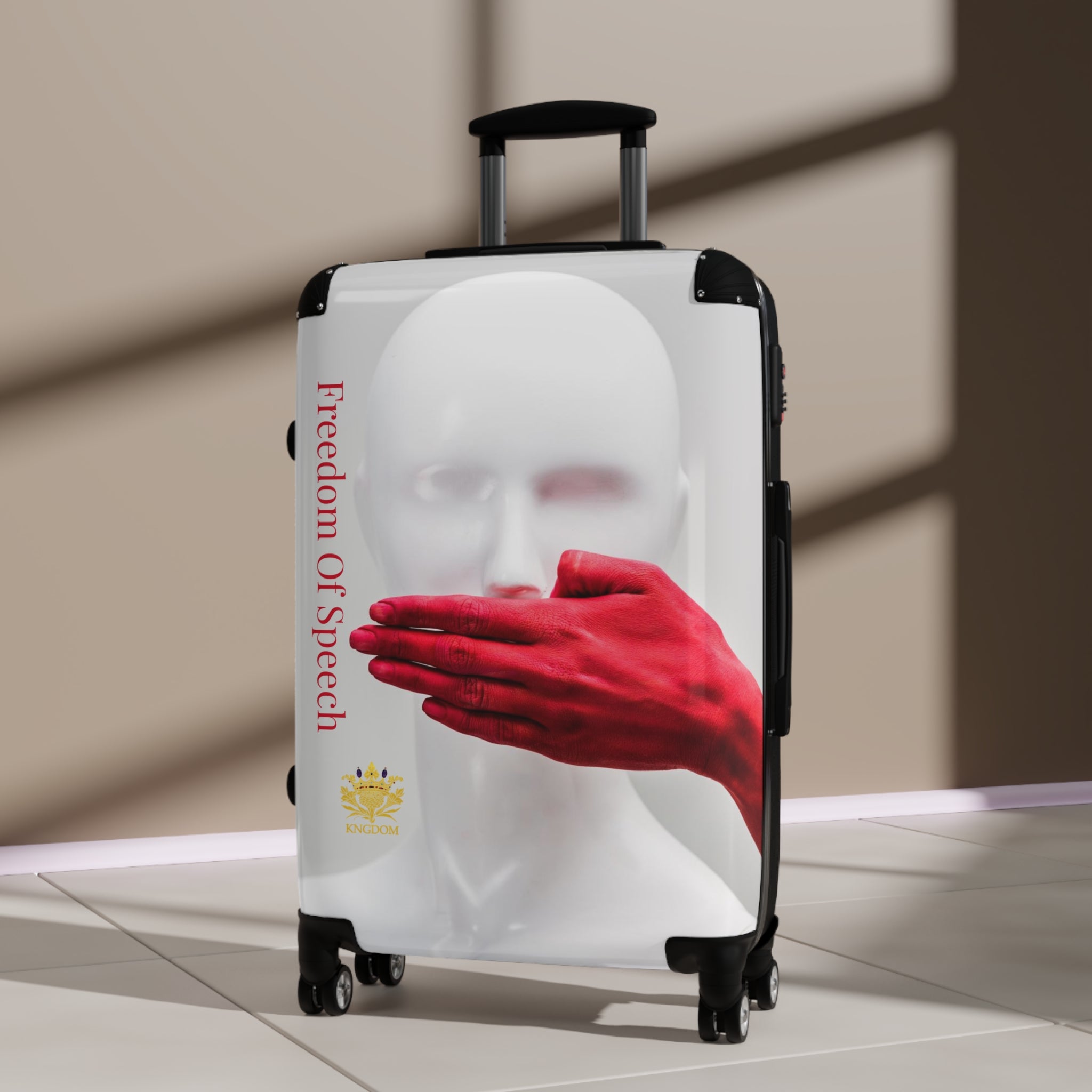 WE ARE AMERICA-&quot;Freedom Of Speech&quot; (THE BLOOD OF THE MARTYRS)-(Medium) Suitcase- (&quot;Hand Over Mouth&quot; Design Image W/Kngdom Logo)