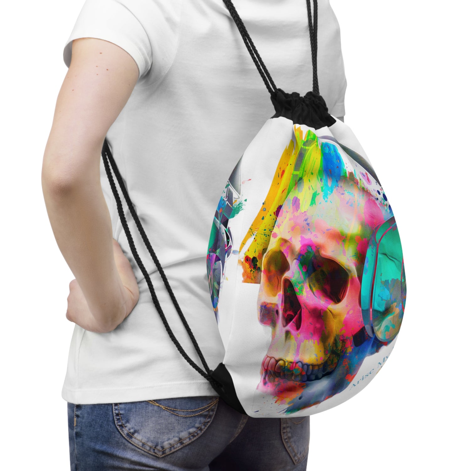 EZEKIEL 37 &quot;Arise My People&quot; Skull W/Headphones Design Image- Drawstring Bag (Kngdom Logo W/ &quot;Arise My People&quot; Turquoise Letter Print)