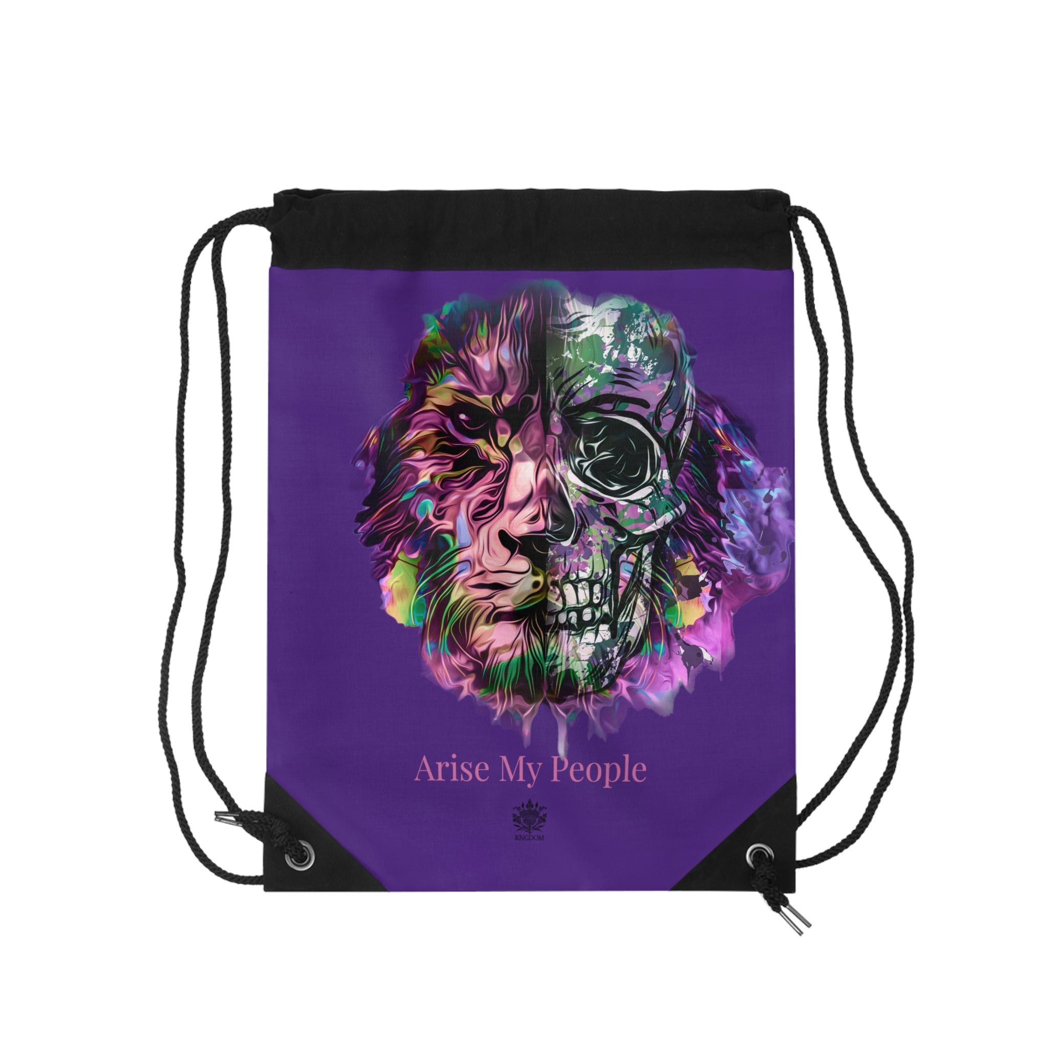 EZEKIEL 37 &quot;Arise My People&quot; Lion/Skull Face Design Image- Drawstring Bag (&quot;Arise My People&quot; Light Pink Letter Print- Blk Kngdom Logo)