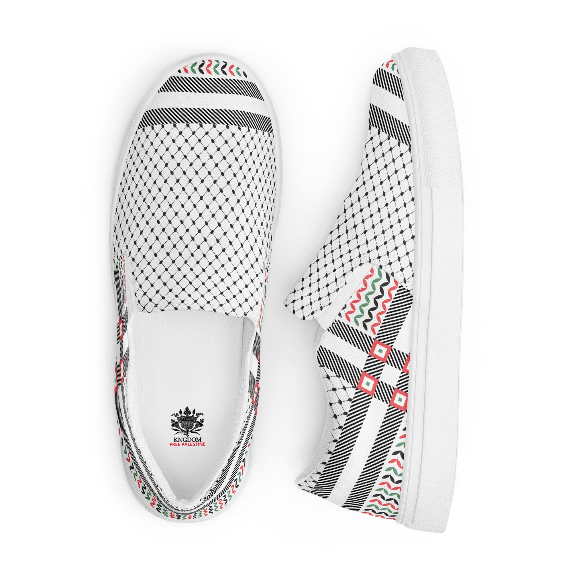 &quot;FREE PALESTINE&quot; Keffiyeh World- Men’s slip-on canvas shoes W/ Blk Kngdom Logo