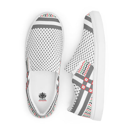 &quot;FREE PALESTINE&quot; Keffiyeh World- Men’s slip-on canvas shoes W/ Blk Kngdom Logo