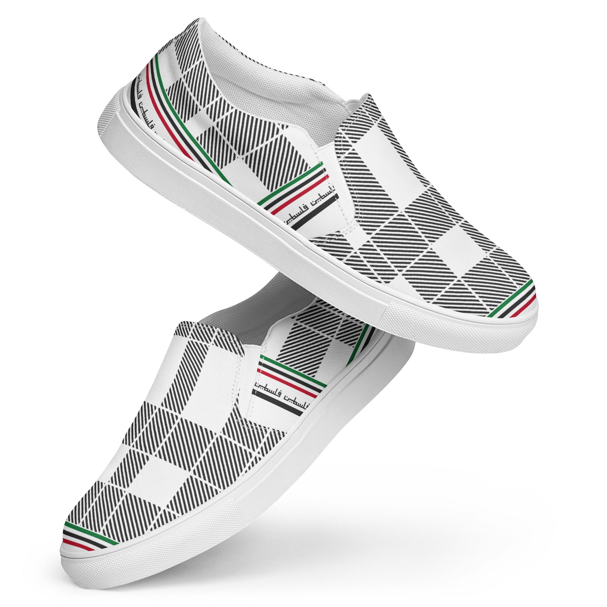 &quot;FREE PALESTINE&quot; Keffiyeh World- Men’s slip-on canvas shoes W/ Blk Kngdom Logo