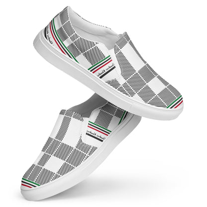 &quot;FREE PALESTINE&quot; Keffiyeh World- Men’s slip-on canvas shoes W/ Blk Kngdom Logo