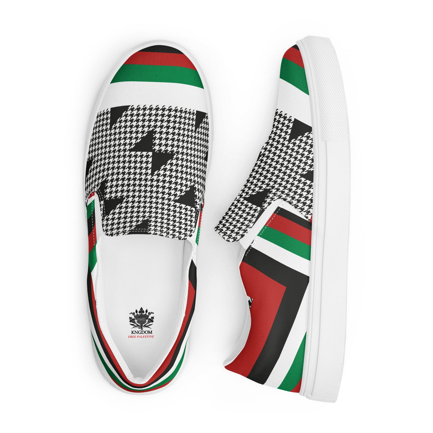 &quot;FREE PALESTINE&quot; Keffiyeh World- Men’s slip-on canvas shoes W/ Blk Kngdom Logo