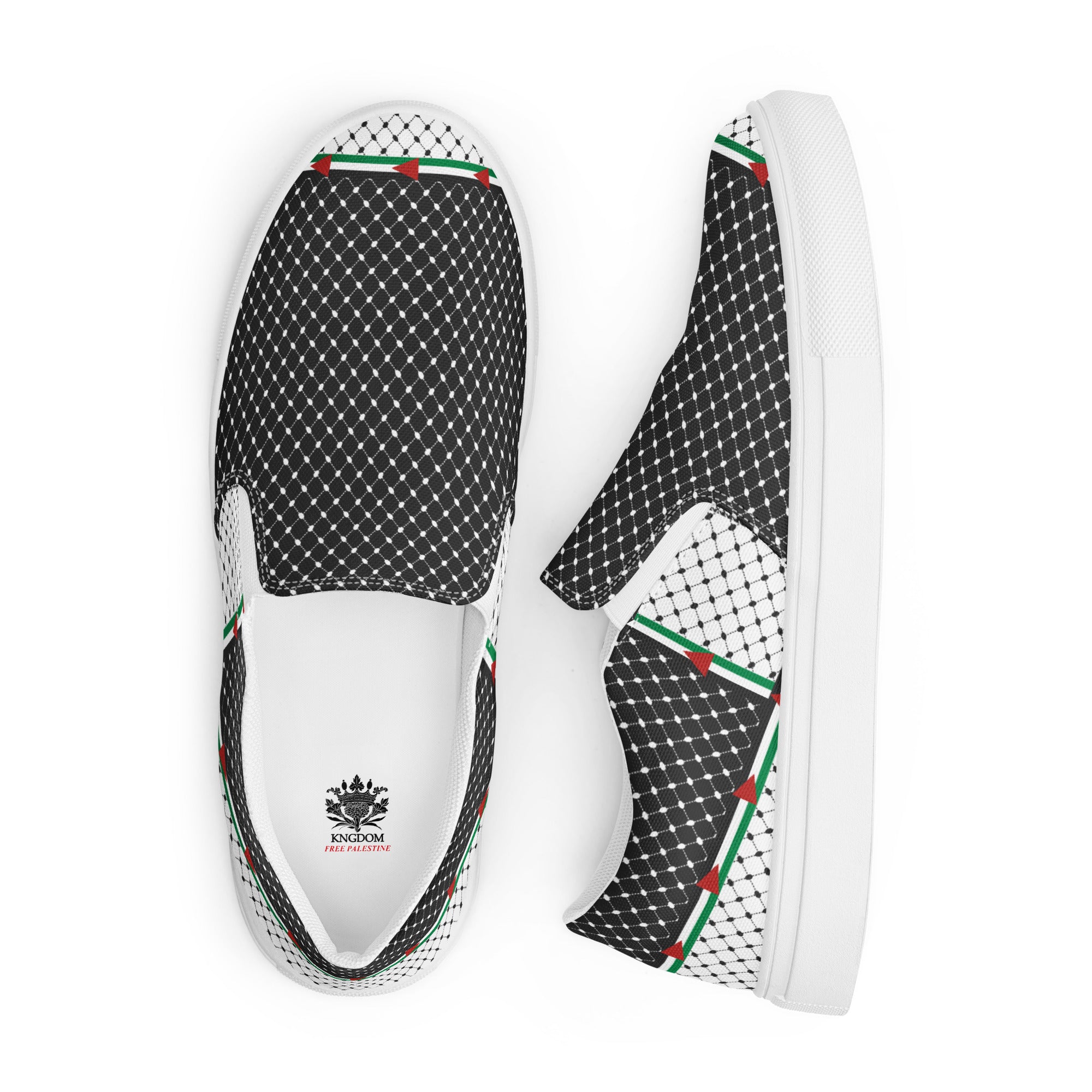 &quot;FREE PALESTINE&quot; Keffiyeh World- Men’s slip-on canvas shoes W/ Blk Kngdom Logo