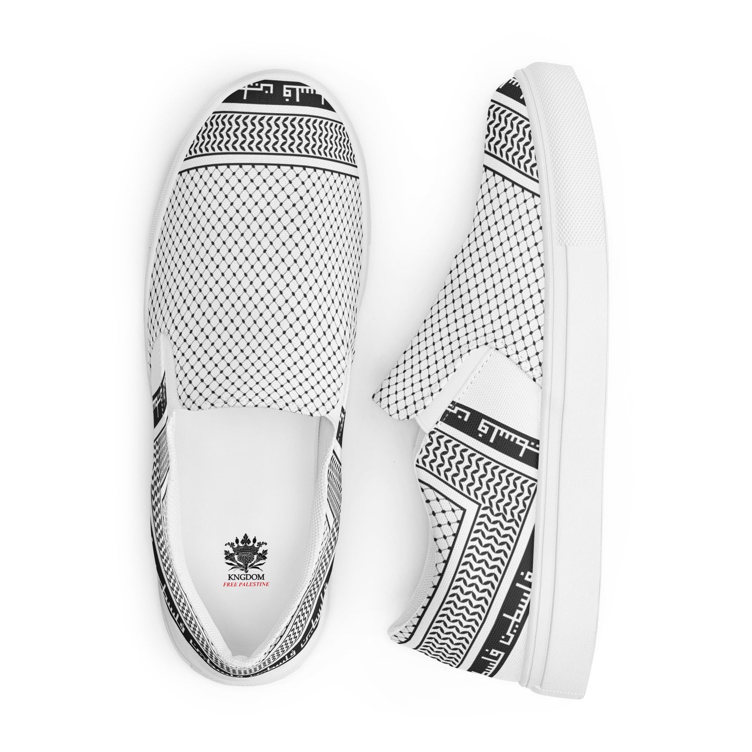 &quot;FREE PALESTINE&quot; Keffiyeh World- Men’s slip-on canvas shoes W/ Blk Kngdom Logo