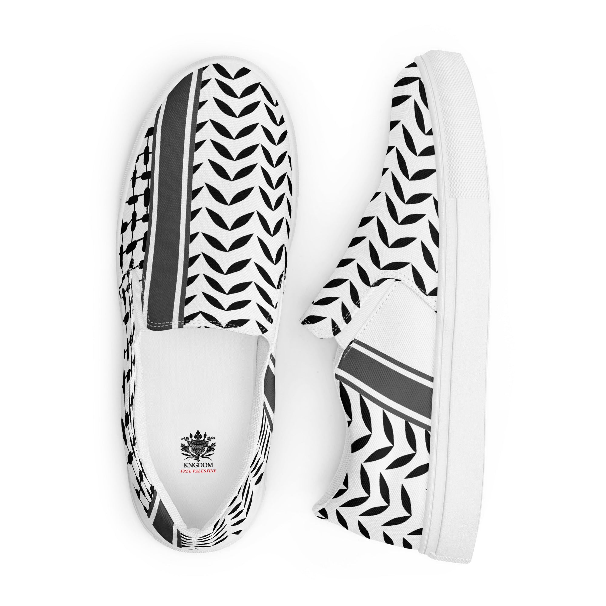 &quot;FREE PALESTINE&quot; Keffiyeh World- Men’s slip-on canvas shoes W/ Blk Kngdom Logo