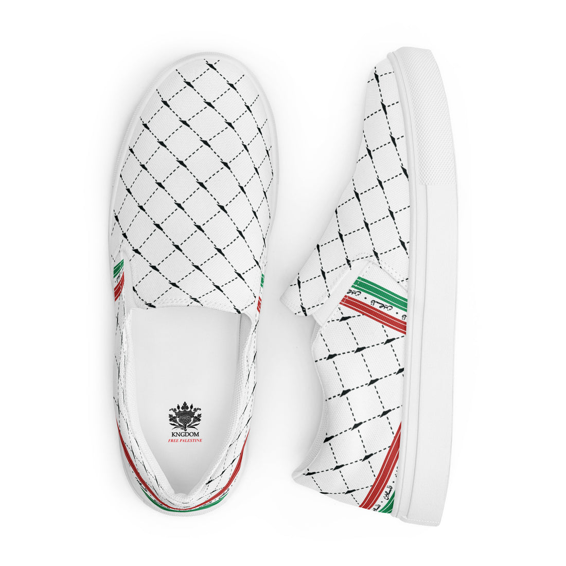 &quot;FREE PALESTINE&quot; Keffiyeh World- Men’s slip-on canvas shoes W/ Blk Kngdom Logo