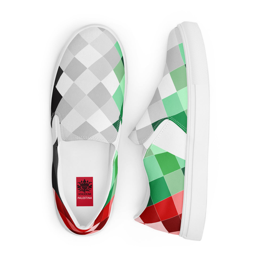 Keffiyeh World &quot;PALESTINA&quot;- Men’s slip-on canvas shoes W/ Blk Kngdom Logo