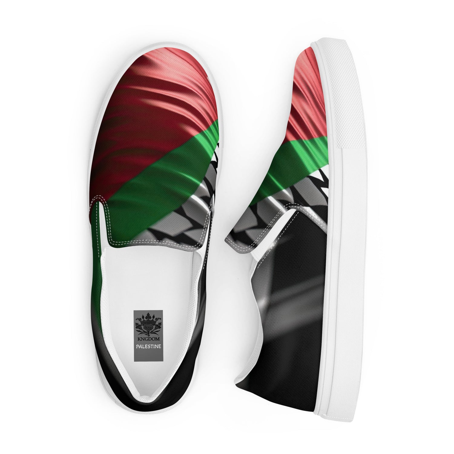 Keffiyeh World &quot;Palestine Flag&quot;- Men’s slip-on canvas shoes W/ Blk Kngdom Logo