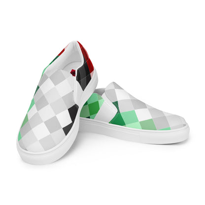 Keffiyeh World &quot;PALESTINA&quot;- Men’s slip-on canvas shoes W/ Blk Kngdom Logo