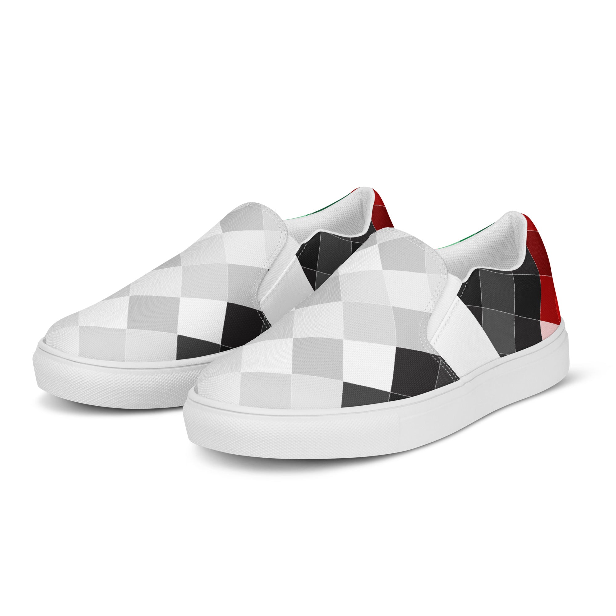 Keffiyeh World &quot;PALESTINA&quot;- Men’s slip-on canvas shoes W/ Blk Kngdom Logo