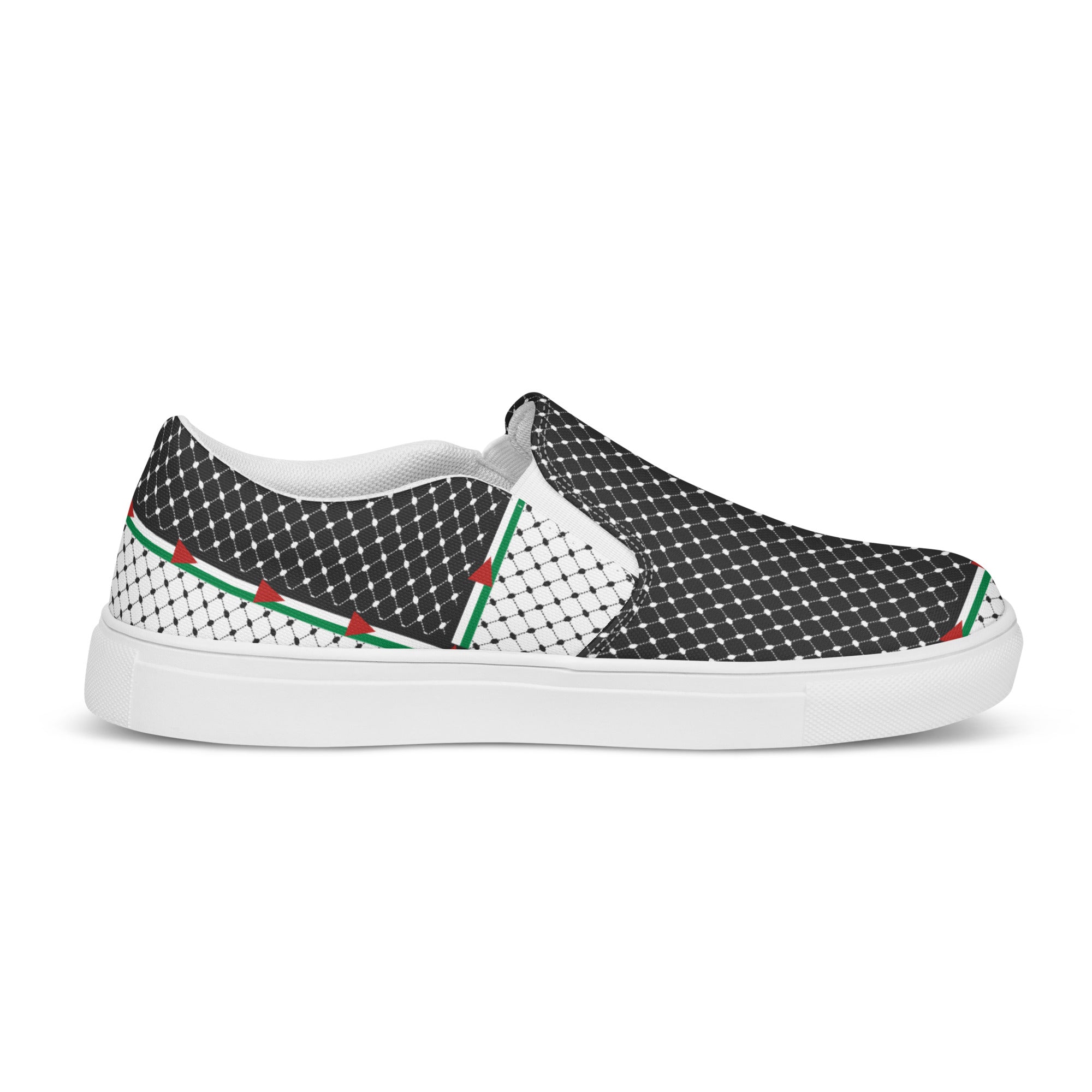 &quot;FREE PALESTINE&quot; Keffiyeh World- Men’s slip-on canvas shoes W/ Blk Kngdom Logo