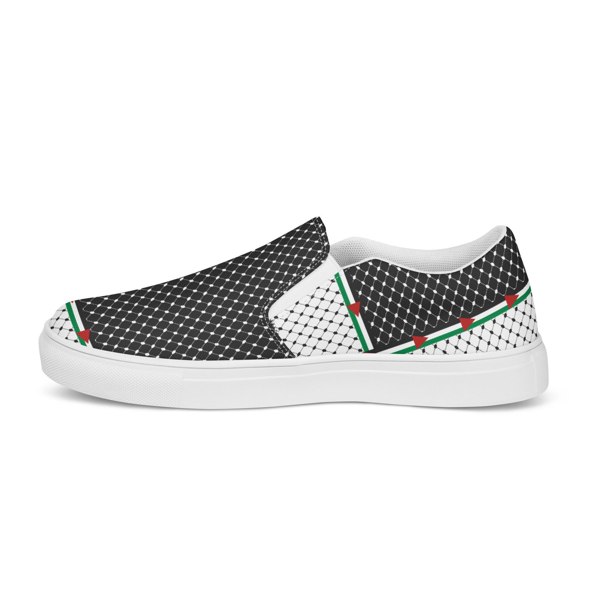 &quot;FREE PALESTINE&quot; Keffiyeh World- Men’s slip-on canvas shoes W/ Blk Kngdom Logo