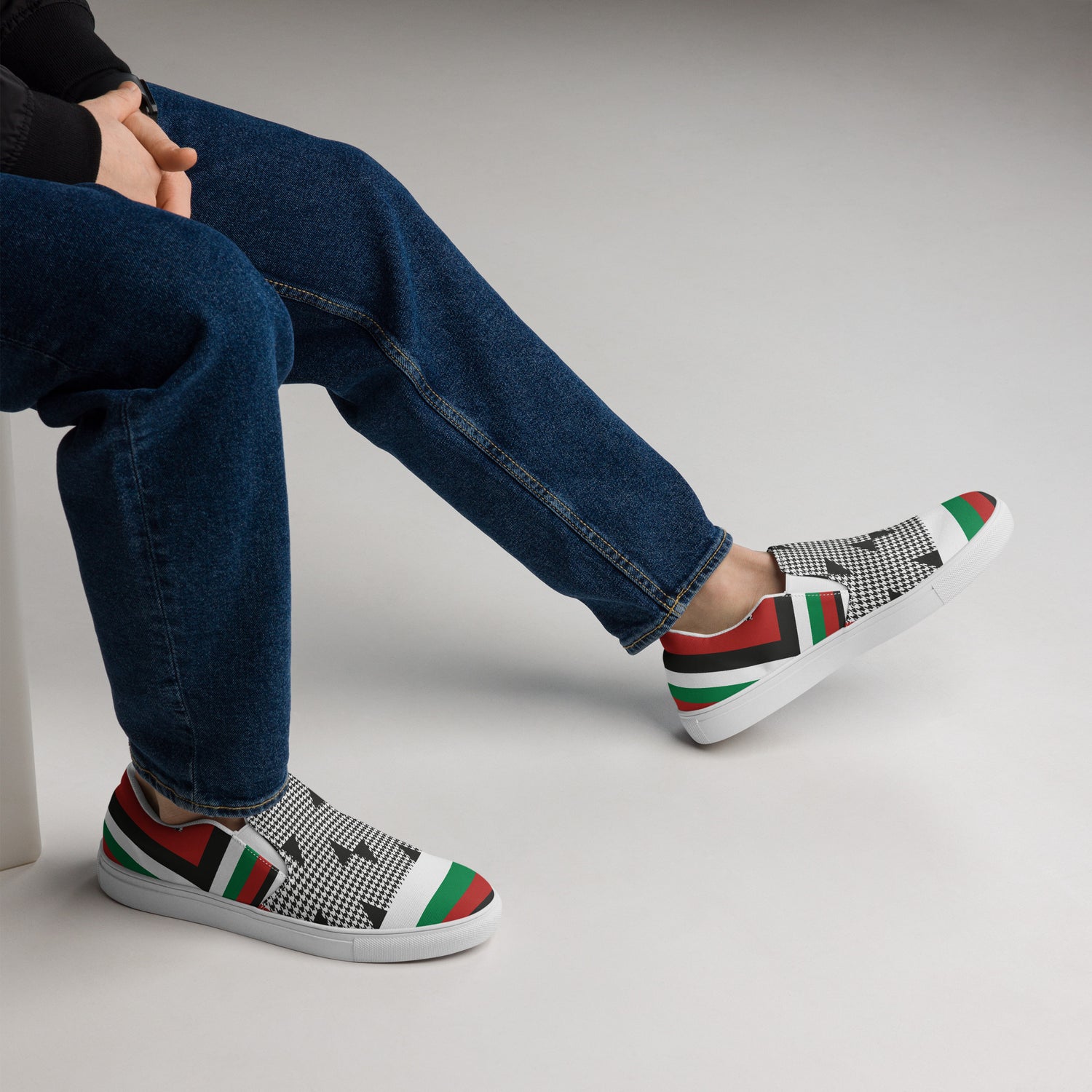 &quot;FREE PALESTINE&quot; Keffiyeh World- Men’s slip-on canvas shoes W/ Blk Kngdom Logo