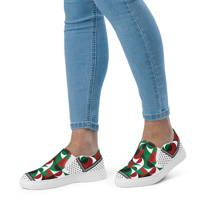 &quot;FREE PALESTINE&quot; Keffiyeh- Women’s slip-on canvas shoes W/ Blk Kngdom Logo