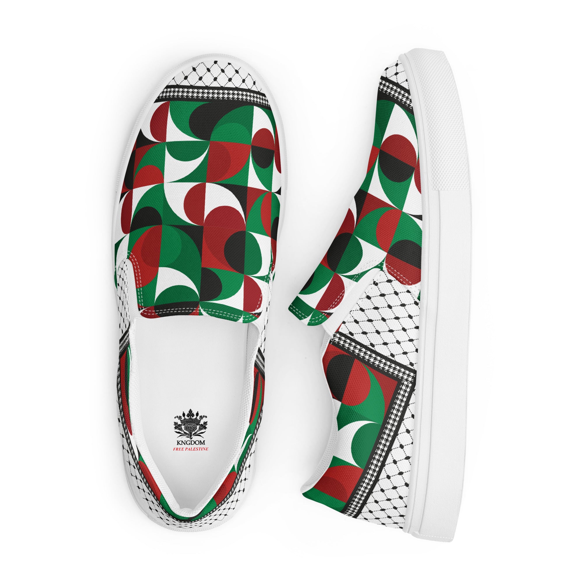 &quot;FREE PALESTINE&quot; Keffiyeh- Women’s slip-on canvas shoes W/ Blk Kngdom Logo