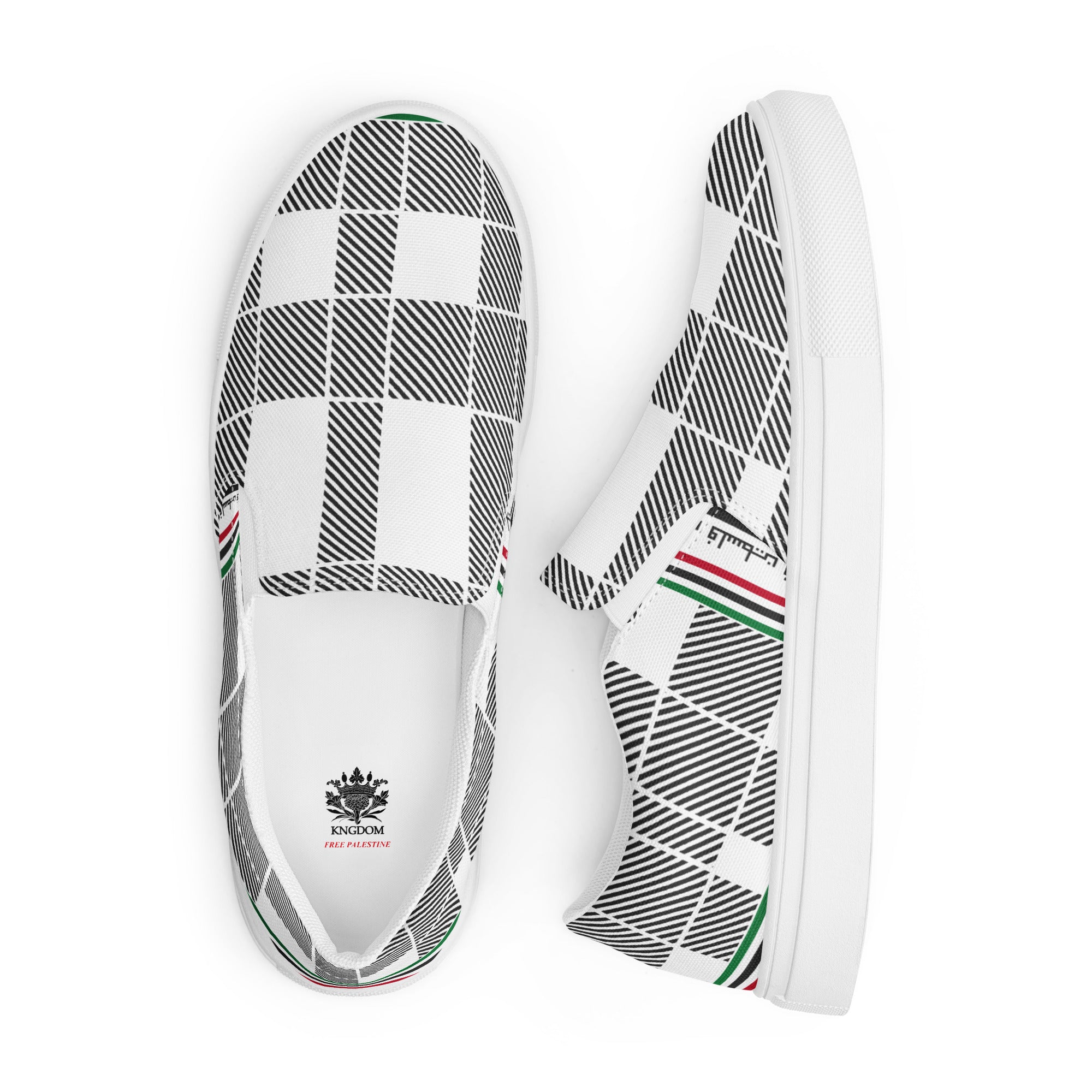 &quot;FREE PALESTINE&quot; Keffiyeh World- Women’s slip-on canvas shoes W/ Blk Kngdom Logo