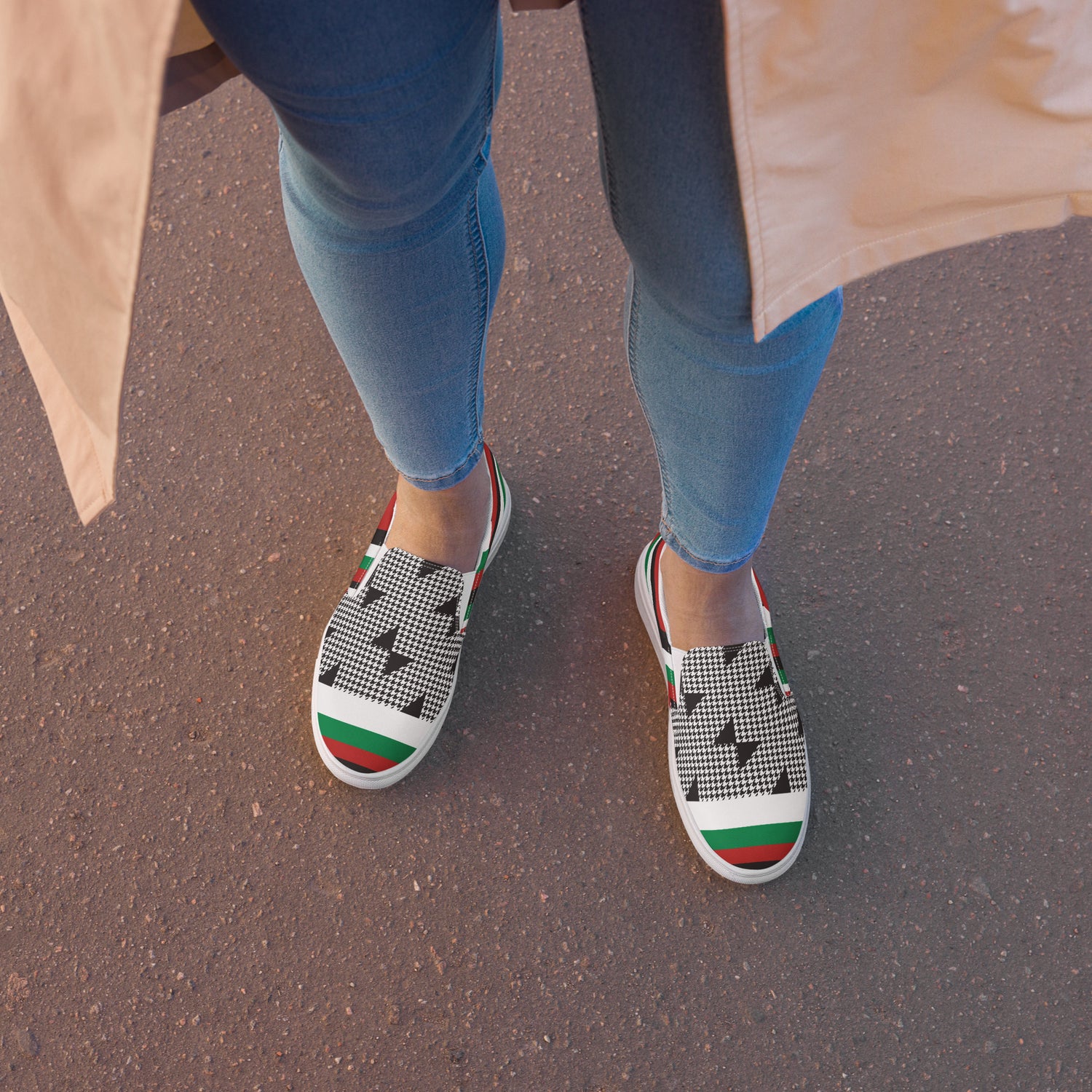 &quot;FREE PALESTINE&quot; Keffiyeh World- Women’s slip-on canvas shoes W/ Blk Kngdom Logo