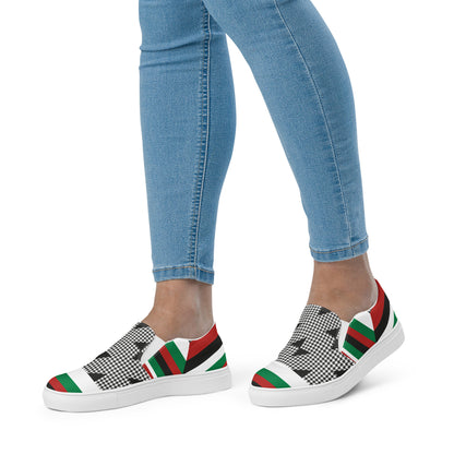 &quot;FREE PALESTINE&quot; Keffiyeh World- Women’s slip-on canvas shoes W/ Blk Kngdom Logo