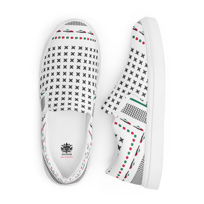 &quot;FREE PALESTINE&quot; Keffiyeh World- Women’s slip-on canvas shoes W/ Blk Kngdom Logo