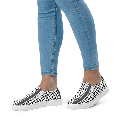 &quot;FREE PALESTINE&quot; Keffiyeh World- Women’s slip-on canvas shoes W/ Blk Kngdom Logo