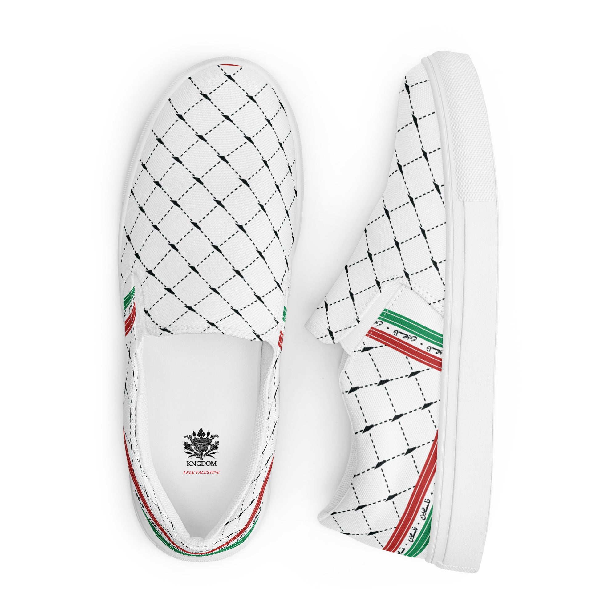 &quot;FREE PALESTINE&quot; Keffiyeh World- Women’s slip-on canvas shoes W/ Blk Kngdom Logo