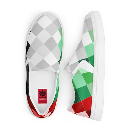 Keffiyeh World &quot;PALESTINA&quot;- Women’s slip-on canvas shoes W/ Blk Kngdom Logo