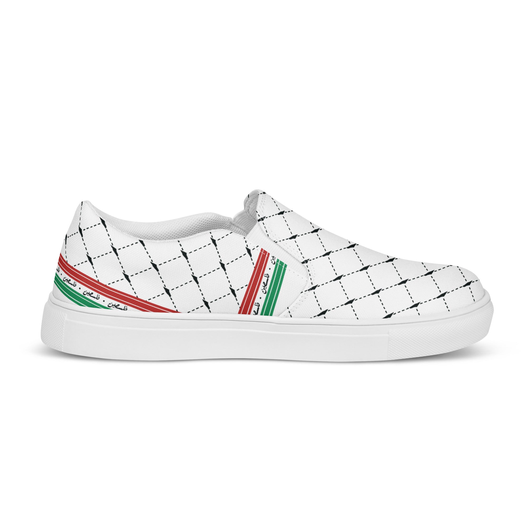 &quot;FREE PALESTINE&quot; Keffiyeh World- Women’s slip-on canvas shoes W/ Blk Kngdom Logo