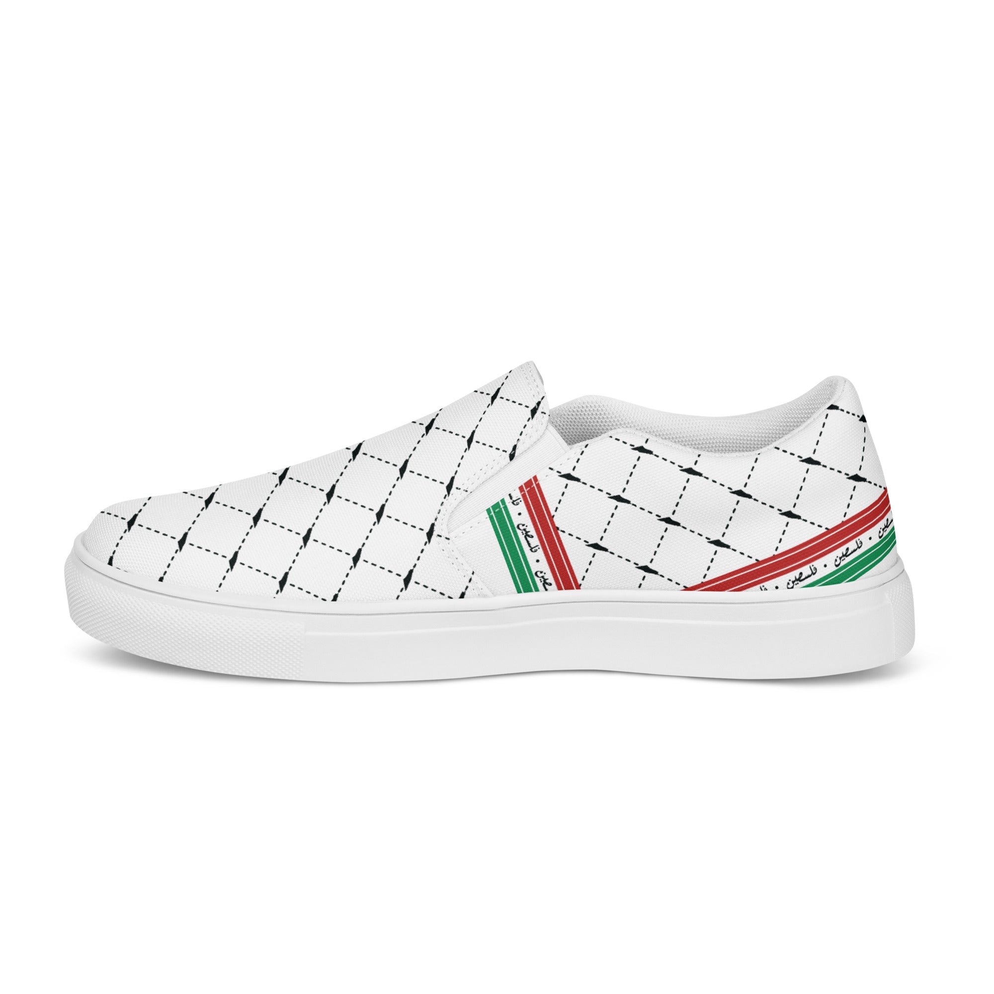 &quot;FREE PALESTINE&quot; Keffiyeh World- Women’s slip-on canvas shoes W/ Blk Kngdom Logo