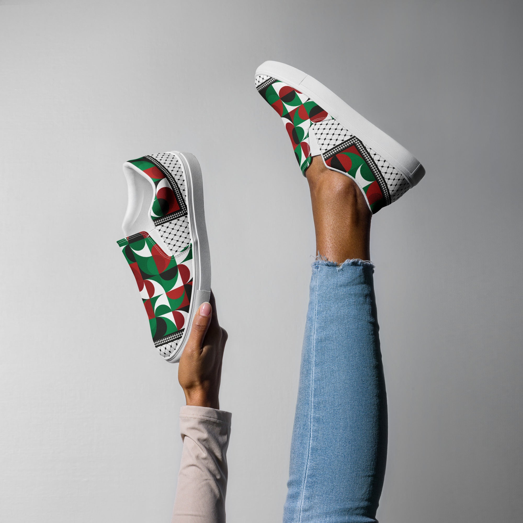 &quot;FREE PALESTINE&quot; Keffiyeh- Women’s slip-on canvas shoes W/ Blk Kngdom Logo