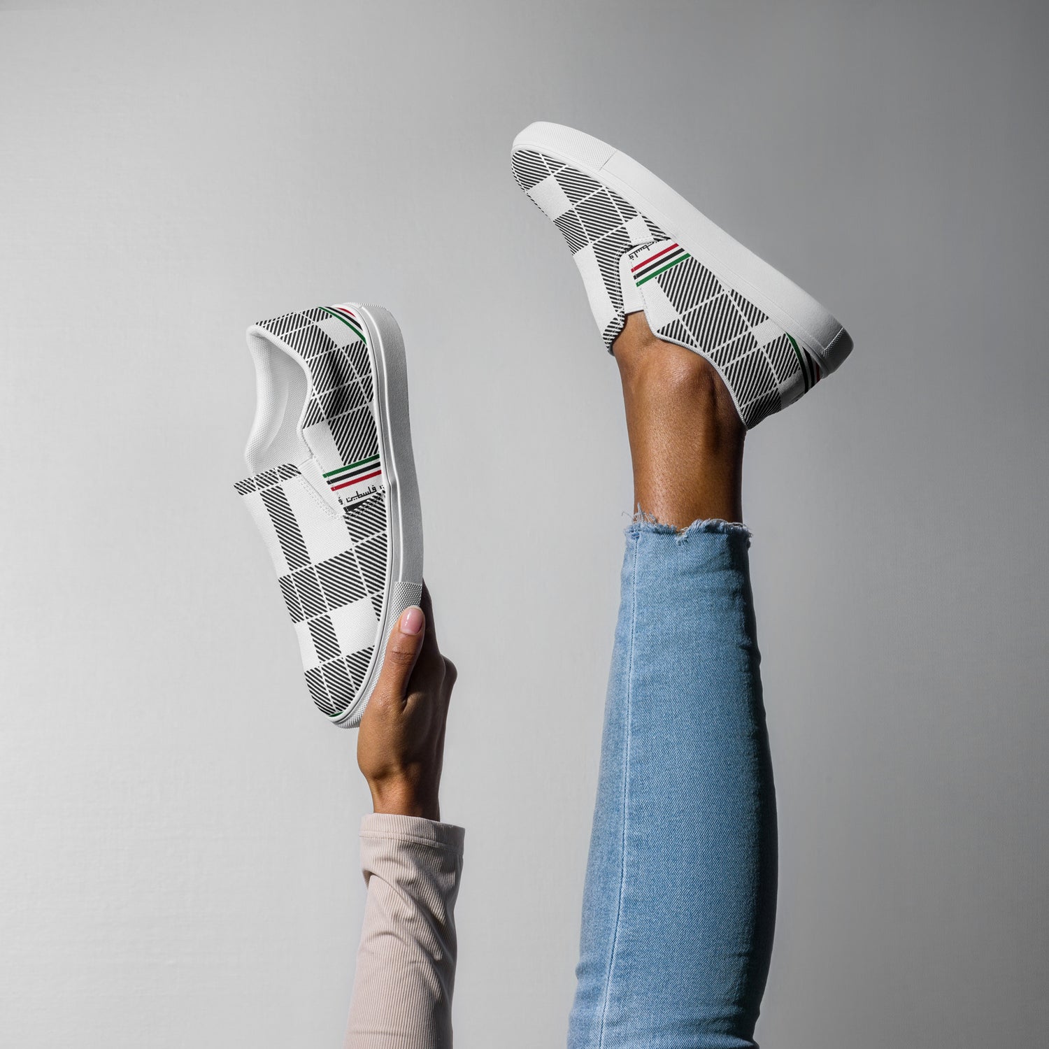 &quot;FREE PALESTINE&quot; Keffiyeh World- Women’s slip-on canvas shoes W/ Blk Kngdom Logo