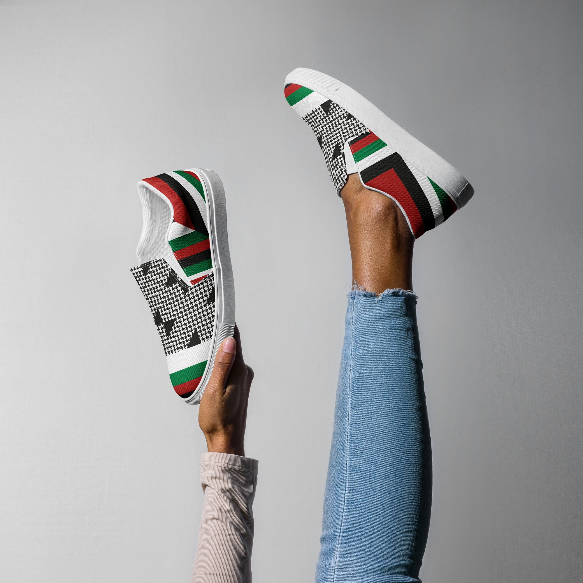 &quot;FREE PALESTINE&quot; Keffiyeh World- Women’s slip-on canvas shoes W/ Blk Kngdom Logo