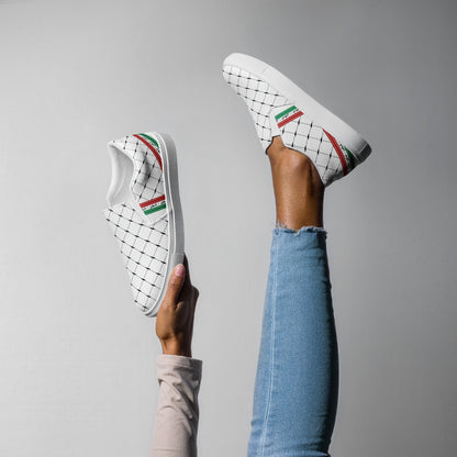 &quot;FREE PALESTINE&quot; Keffiyeh World- Women’s slip-on canvas shoes W/ Blk Kngdom Logo